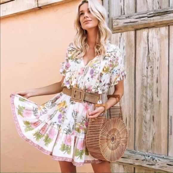 Dresses & Skirts - Bohemian Gypsy Floral v neck tassel ruffle hem dress